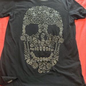 Philipp Plein Black Tee with Silver Skull Design